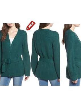 LEITH dark green belted cardigan sweater Sz S NWT